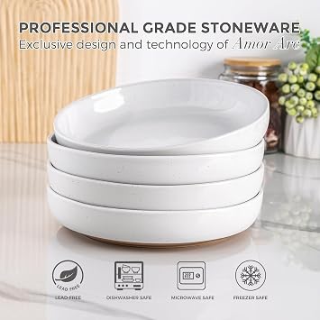 AmorArc 8.75'' Large Ceramic Pasta Bowls, 38oz Handpainted Stoneware Bowls Set of 4, Microwave&Dishwasher Safe Bowls with Rustic Terracotta Underside for Pasta Salad, White