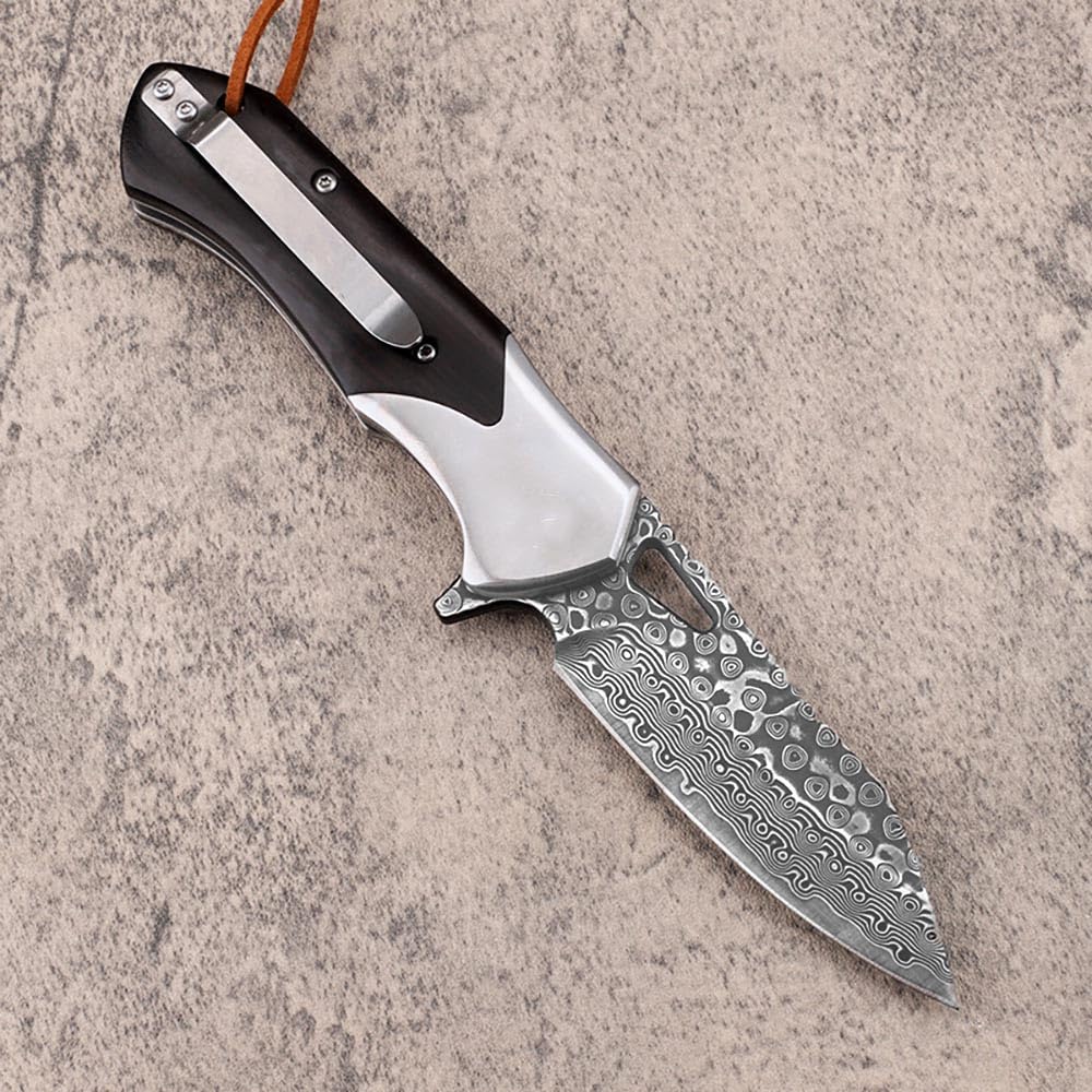 Joa Klappmesser Damaszener Geschmiedet Taschenmesser Scharfe Damaststahl & Ebenholz, Damaskus edelstahl Messer, EDC Outdoor Messer, Damastmesser klein neck knife