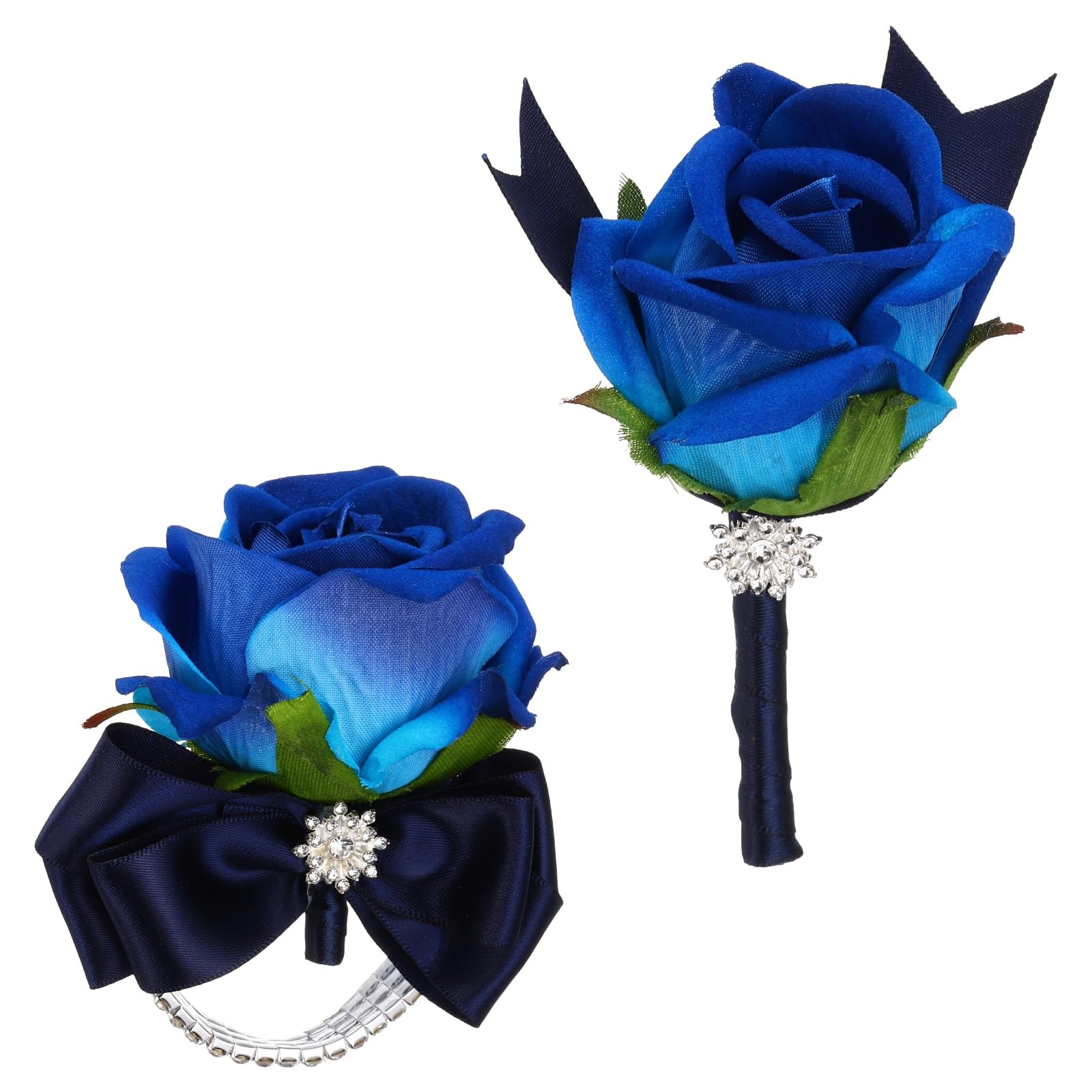 Rose de poignet artificielle bleu marine avec strass à offrir pour bal de promo