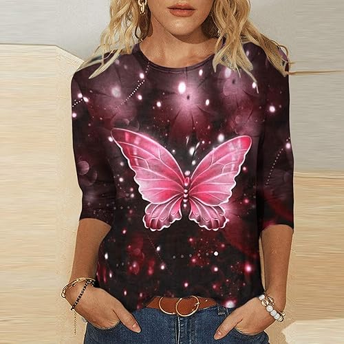 Miniatura 2 de Blusa con Estampado de mariposas Camiseta Mujer Manga 34 Túnica Tops Camisetas Cuello Redondo Camiseta Blusas Y2K