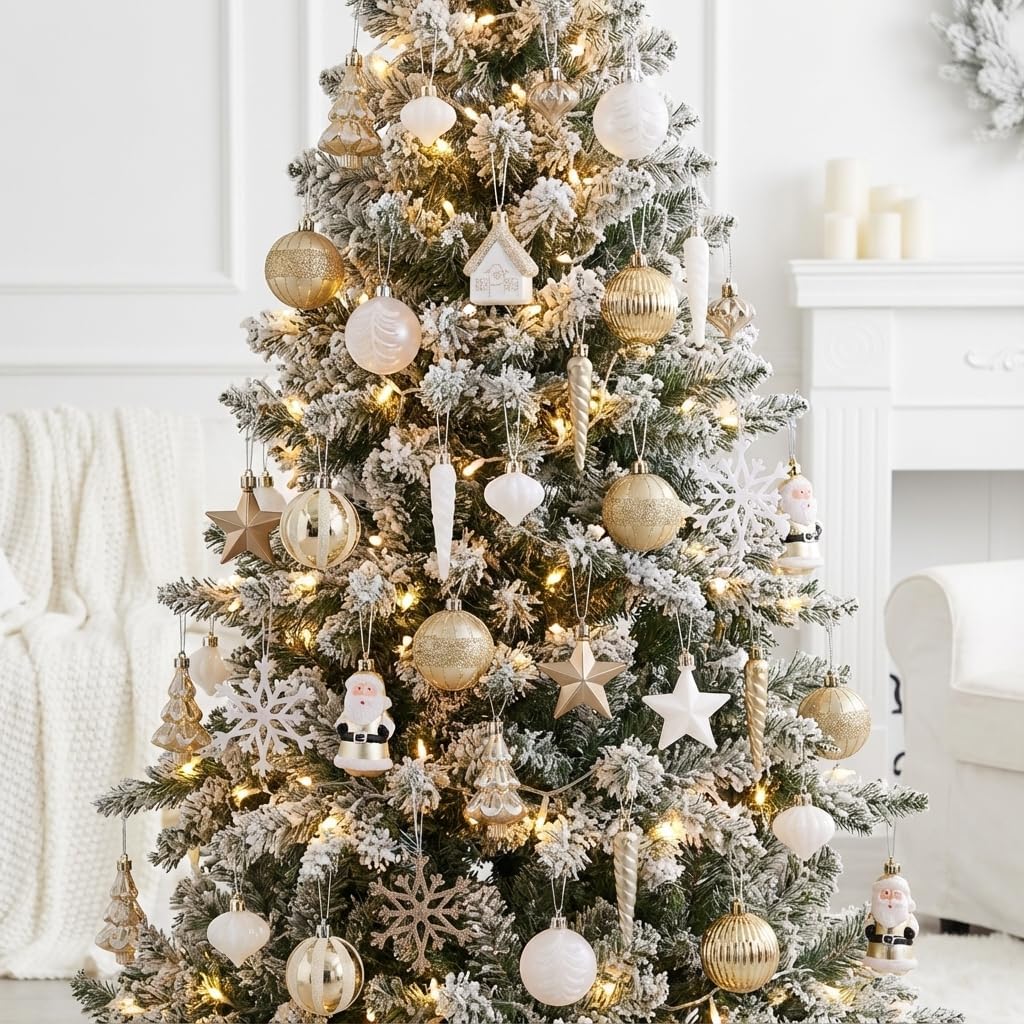 Valery Madelyn Christmas Tree Decorations, 40ct White and Gold Shatterproof Christmas Tree Ornaments Set Bulk, Elegant Hanging Ball Ornaments - Image 6