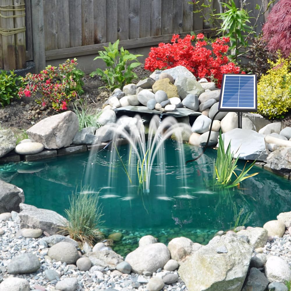 Solar-Wasserpumpe, 17-teiliges Doppelschicht-Düsenset, 7 W Solarbrunnenpumpe für Wasserspiel, eingebauter 3000 mAh Akku, maximaler Durchfluss von 400 l/h