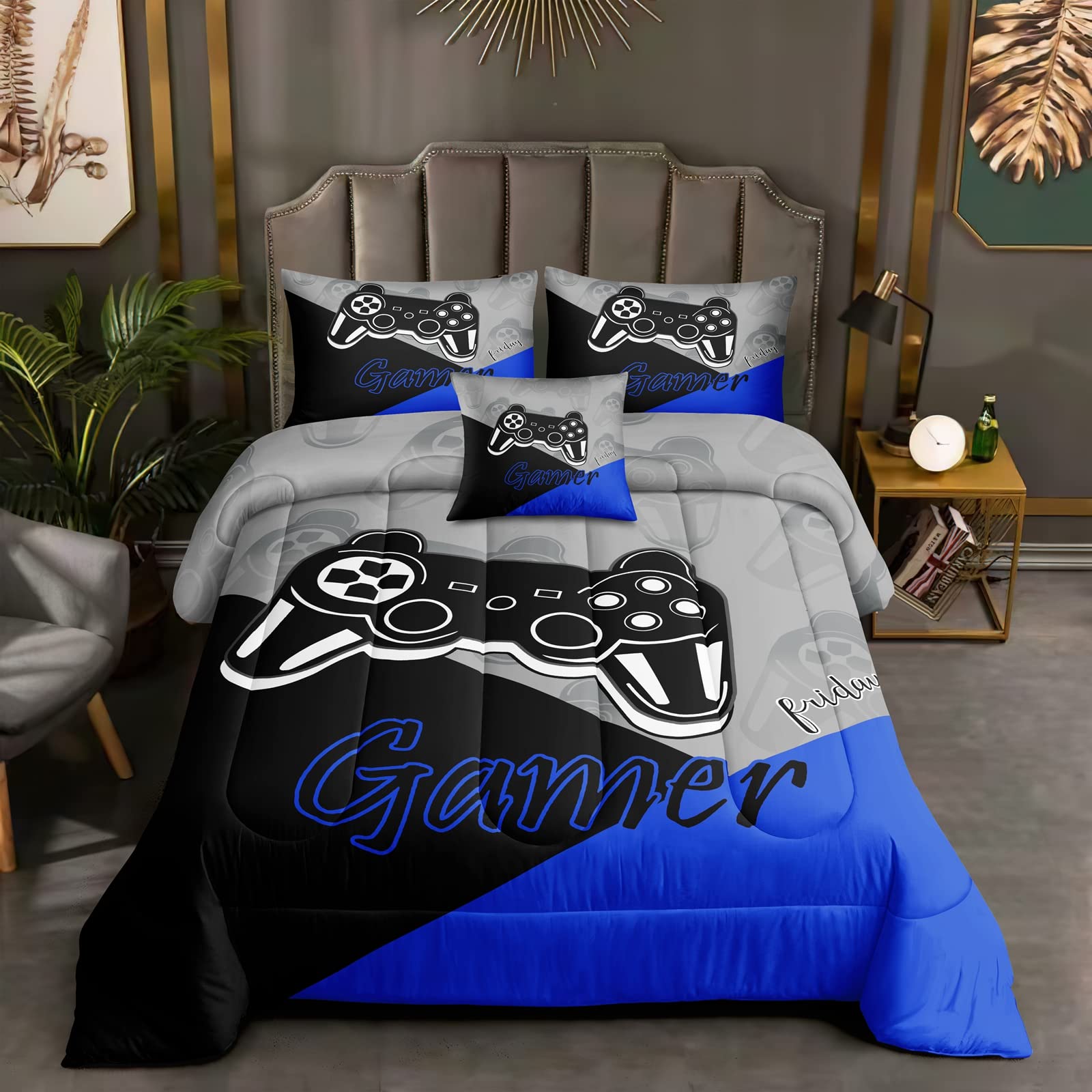 ROWADALO 5 Pieces Gaming Bedding Set for Boys Gamer Comforter Set Twin Size,Game Controller Comforter for Boys Kids Teen 3D Gamepad Microfiber Bedding Sets 5 Pieces Bed in A Bag Sets-H50022,Twin