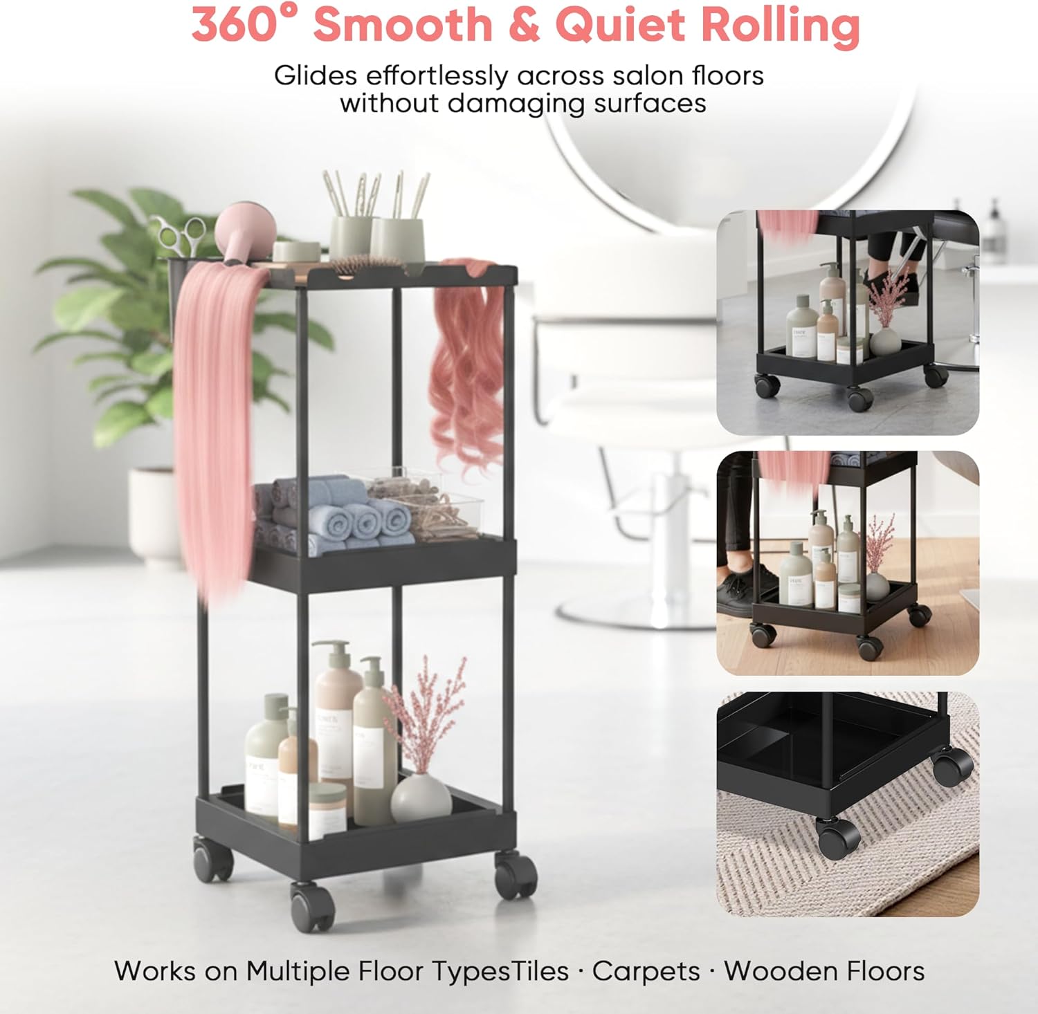 Hair Extension Organizer Cart - Professional Salon Storage Trolley with Wheels, Rolling Hair Tool Cart with Trays & Holders for Hair Extensions, Styling Tools and Accessories