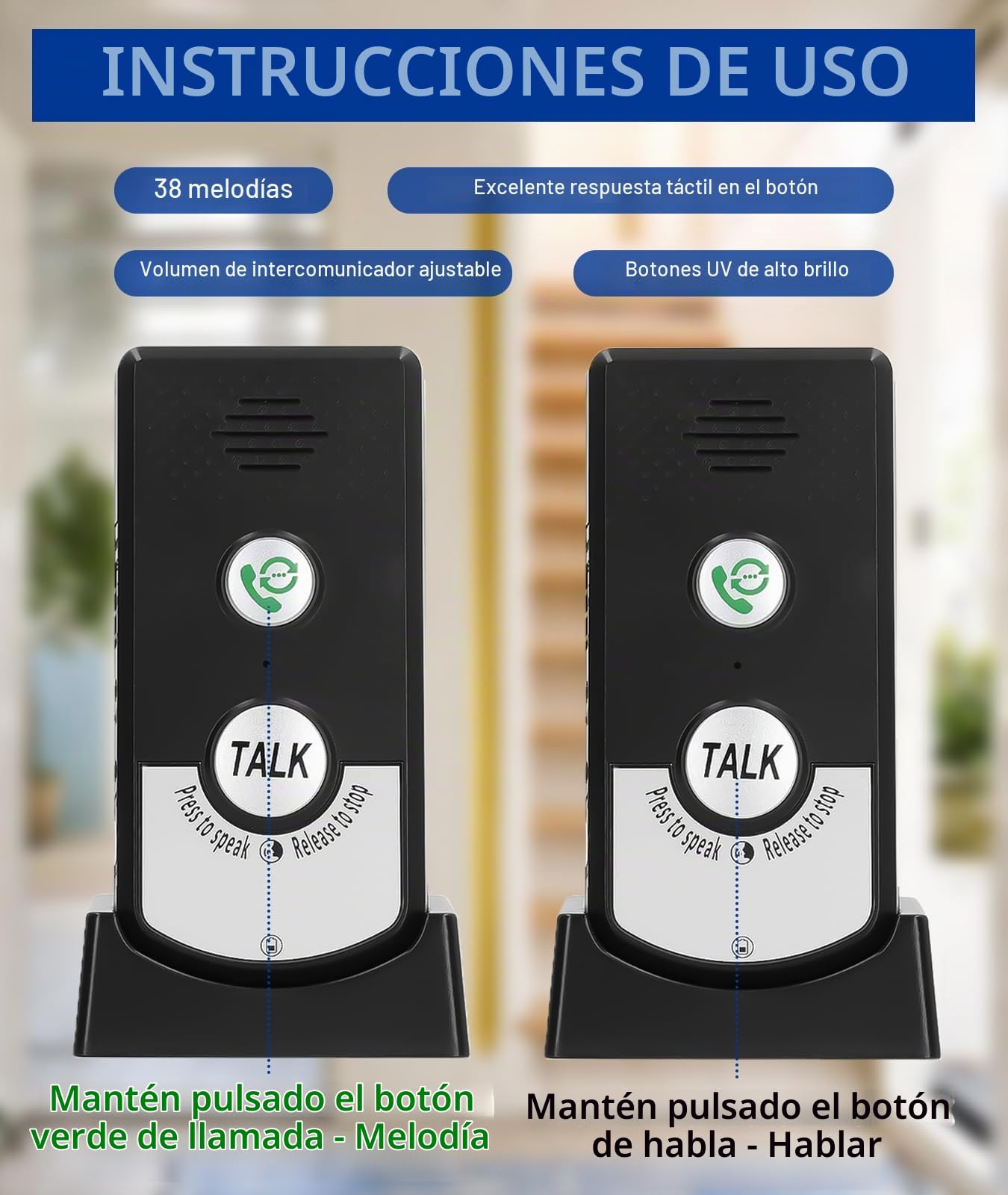 Intercomunicador casa bidireccional de largo alcance resistente al agua, intercomunicador inalámbrico con luz indicadora y batería de larga duración, timbre de intercomunicador