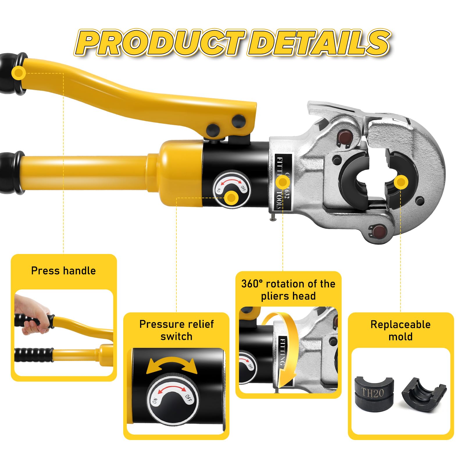 Professionelle Hydraulik-Presszange 16-32 Mm – Set Mit TH-Einsätzen, 10t Presskraft, Für PEX-, PB- & Kupferrohre