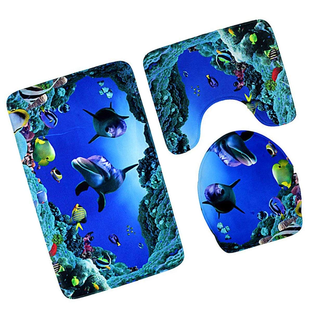 3D-Duschvorhang-Set Mit Delfin-Motiv – Wasserdicht, Inkl. Badematte & WC-Sitzbezug