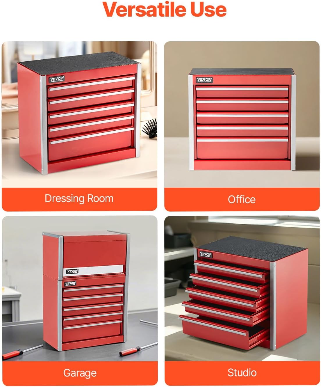 VEVOR Metal Tool Box, 8.6-inch, Portable Metal Tool Box with 5 Drawers, Small Tool Chest with EVA Liners and PP Feet Pads, Heavy-Duty Steel With Ball Bearing Opening and Powder Coated Finish, Red
