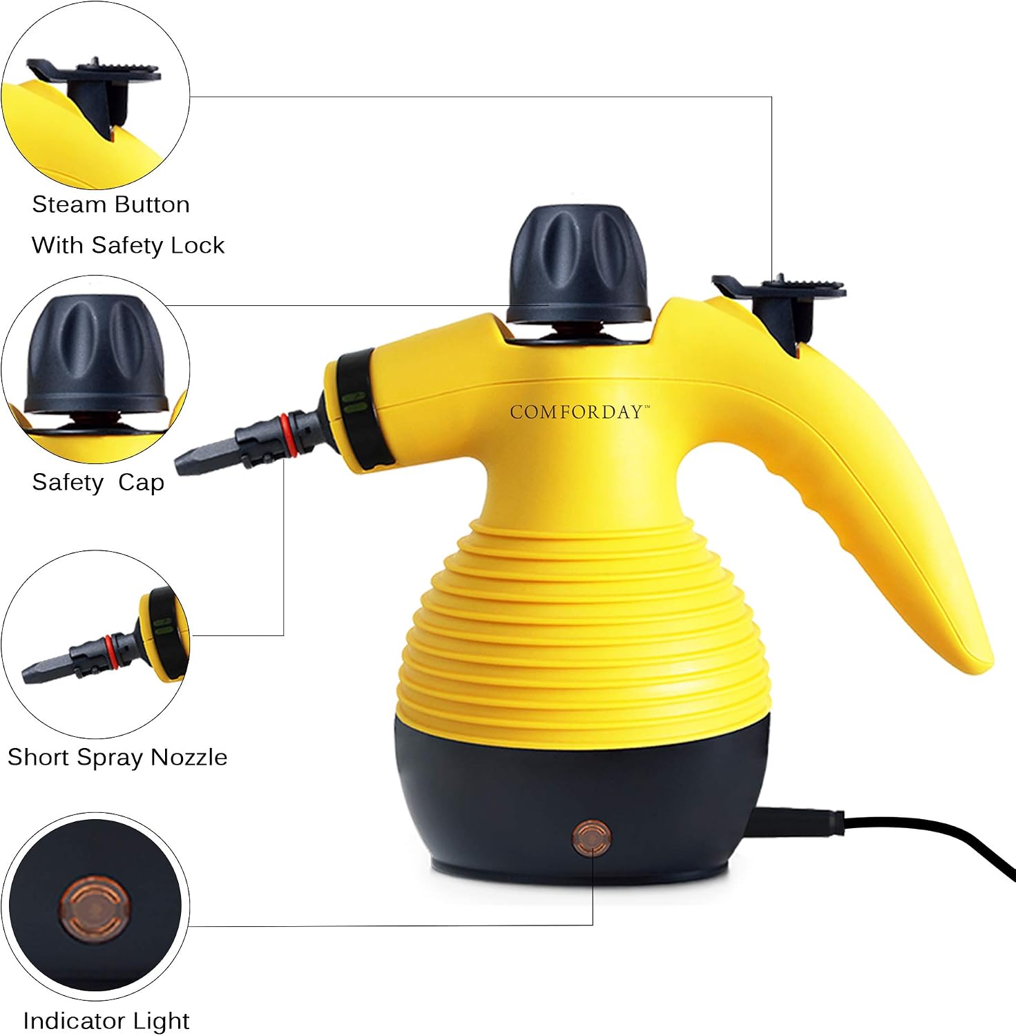 Diagram of Comforday Multi-Purpose Handheld Steam Cleaner with labeled parts: Steam Button with Safety Lock, Safety Cap, Short Spray Nozzle, Indicator Light.