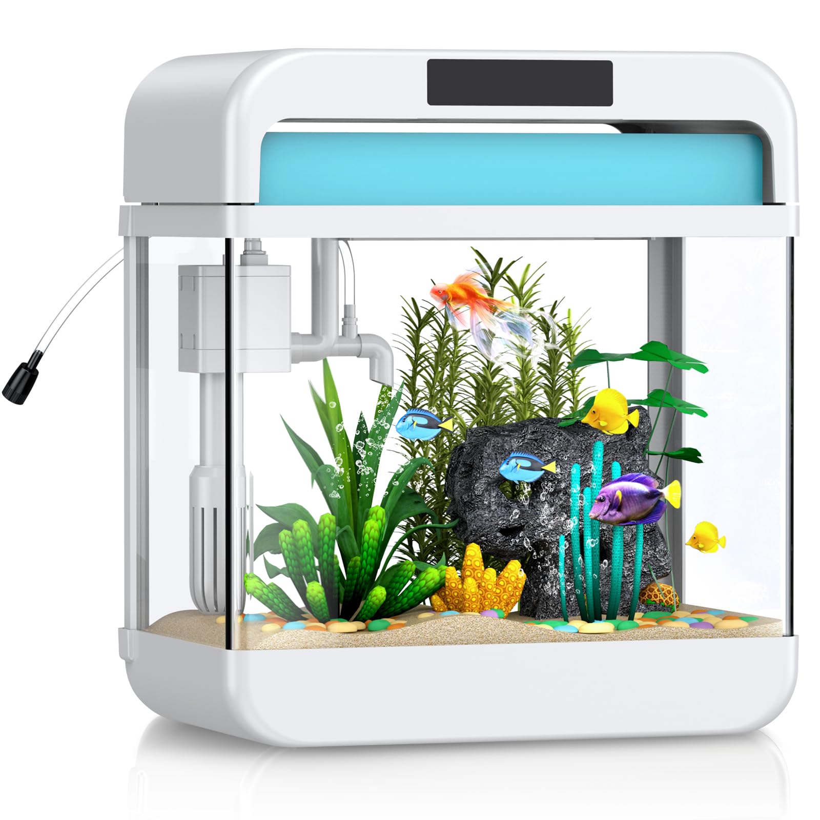 Fish Tank Aquarium 2.2 Gallon with Adjustable 3 Color Lighting Self Cleaning 3 in 1 Pump with Filteration, Oxygenation, Water Circulation Triple Function, HD Float Glass, Leak-Proof Thickened Base
