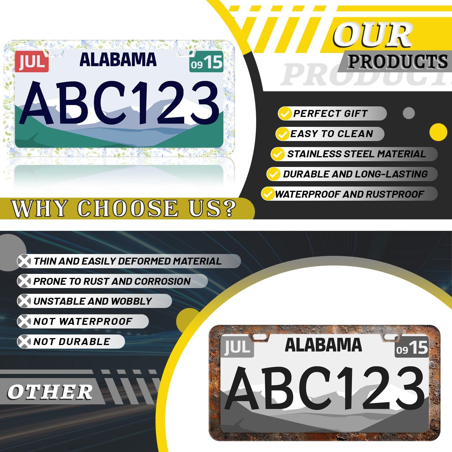 2Pack Stainless Steel Watercolor Flowers License Plate Frame 12.2 x 6.2Inch image 3