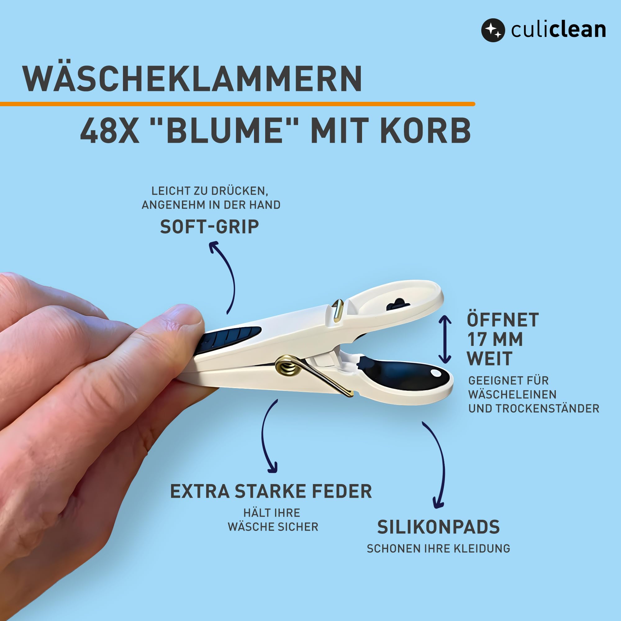 culiclean Wäscheklammern mit Korb, 48x + 1 Korb, schwarz-Weiss | Klammerkorb und Wäscheklammer Blume, stabile Kluppen mit Softgrip, 80 mm, windfest, UV-beständig, BPA-frei, Made in France