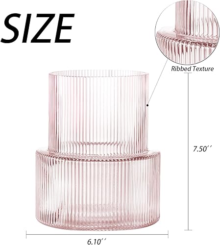 Miniatura 6 de Jarrón de vidrio rosa, jarrón de vidrio acanalado, jarrones de flores para ramo, jarrones acanalados para sala de estar, mesa de comedor, entrada,