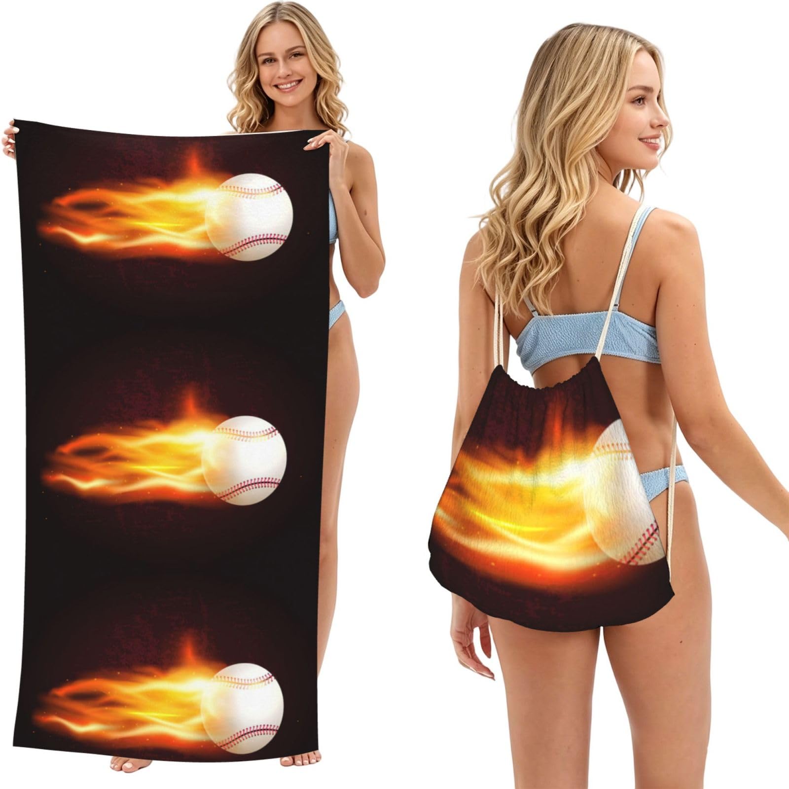 Poadnly As Picture Burning Baseball Fire Flame Pattern, 2 In 1 Packable Towel Bag, Beach Towels With Drawstring Backpack For Travel Holiday Camping