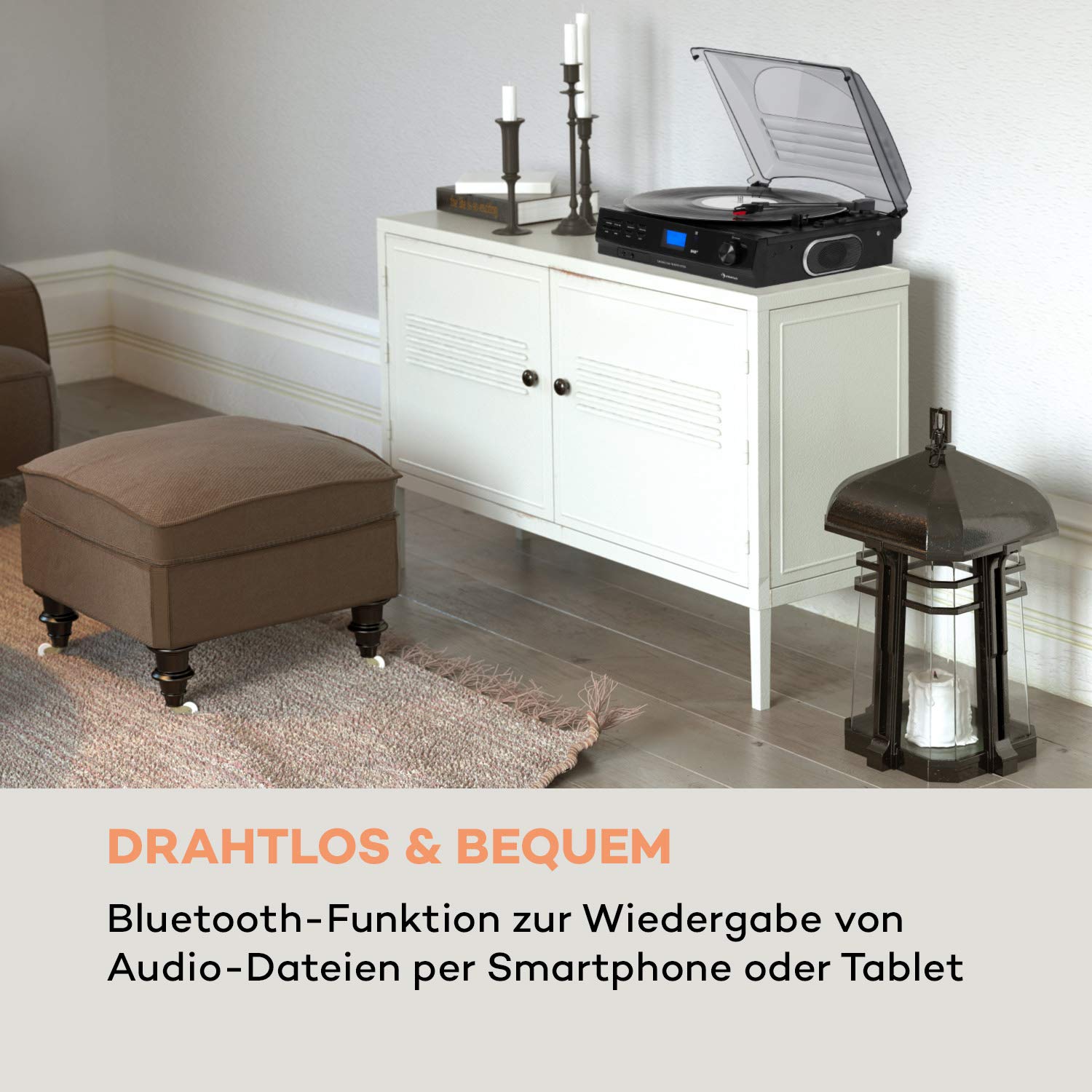 auna TT-186 DAB Plattenspieler - DAB+, FM Radio, Bluetooth-Funktion, Riemenantrieb mit 33, 45 U min, AUX-Eingang, Line-Ausgang, Schlaffunktion, inkl. Kopfhörer-Anschluss