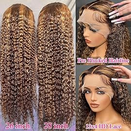 Pizazz 4/27 Highlight Lace Front Wigs Human Hair Pre Plucked Bleached Knots 12A 180 Density 13x4 HD Ombre Honey Blonde Deep Wave Human Hair Wigs with Baby Hair(26 Inch, Brown mix gloden color)