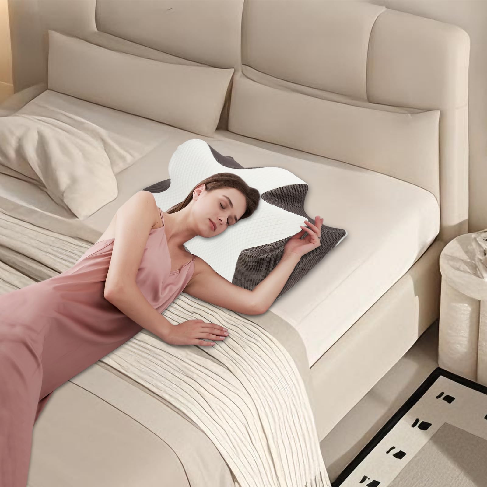 OHMG - Almohada ergonómica para dormir en el lado y en la espalda, cojín ortopédico de memoria ajustable 2 en 1, 58 x 37 x 14 cm (2P)