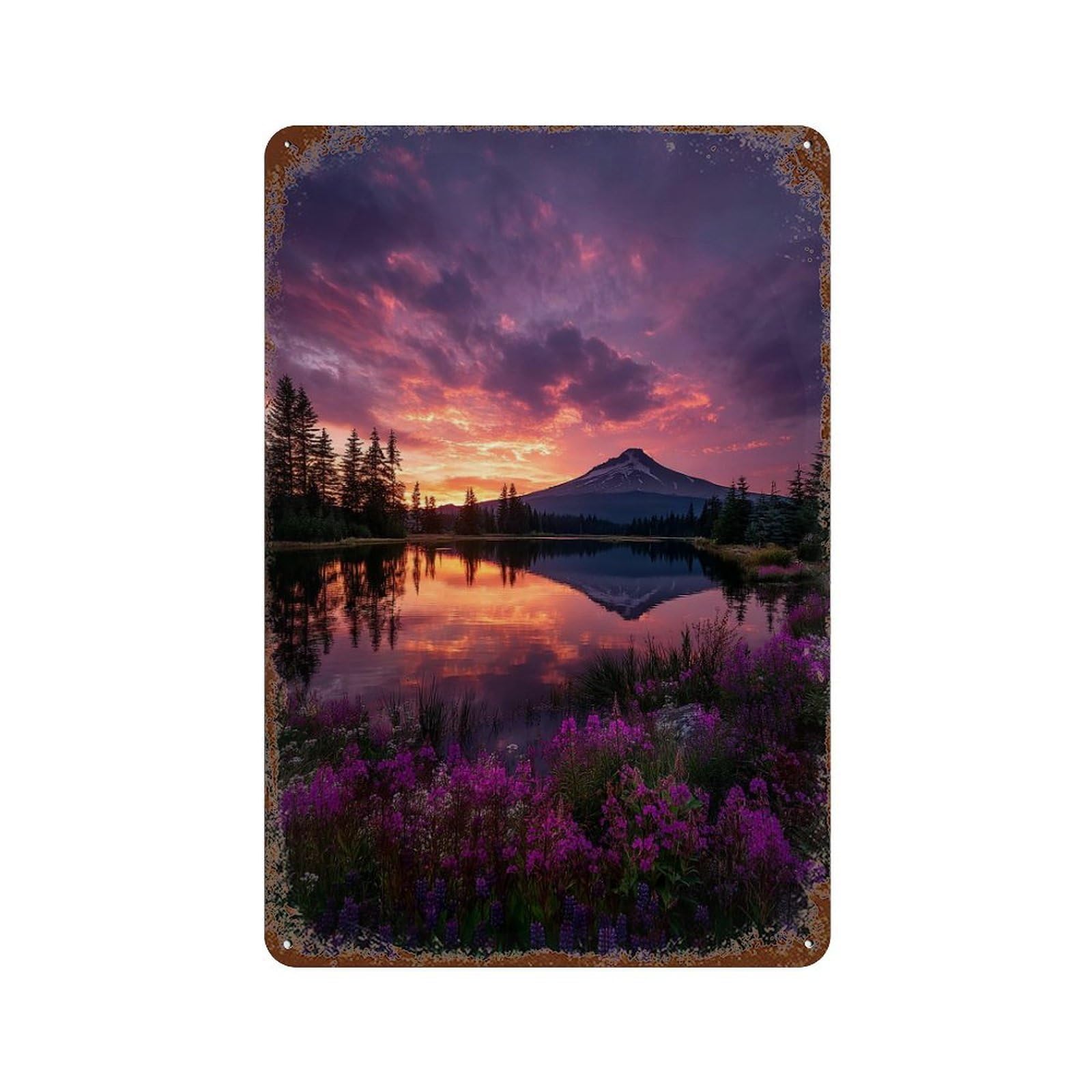 Decorative Tin Sign with Mountain Lake Sunset Reflections Design 11.8"x7.9", for Farmhouse, Kitchen And Entryway Decor, Old School Wall Decor