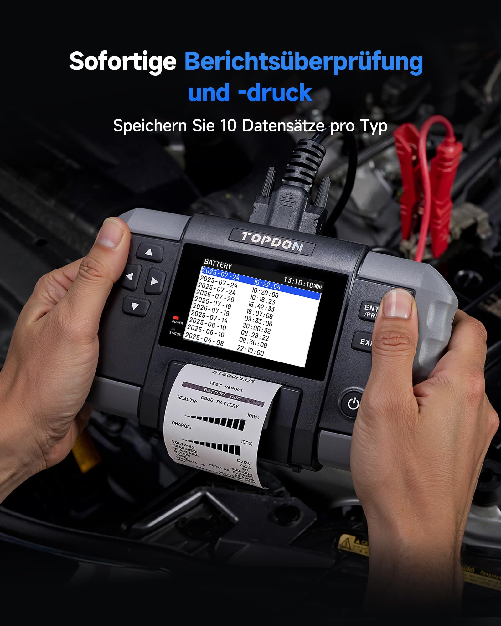 TOPDON Batterietester kfz BT600 Plus, Autobatterie Tester für 6V/12V/24V | 12V/24V Start-, Lade- und Systemtests, Widerstands- und Sequenztests, 3,5" Display mit integriertem Akku und Drucker