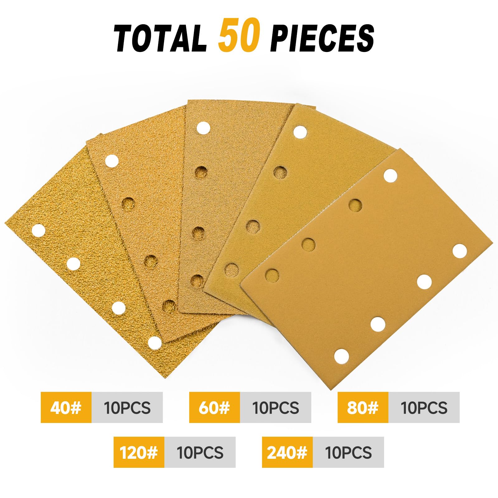 Carta vetrata 80x133mm 8 Fori, 50 Fogli Abrasivi P40/60/80/120/240, per Levigatrice Orbitale su Legno, Metallo, Vernice, Plastica - Sruhrak