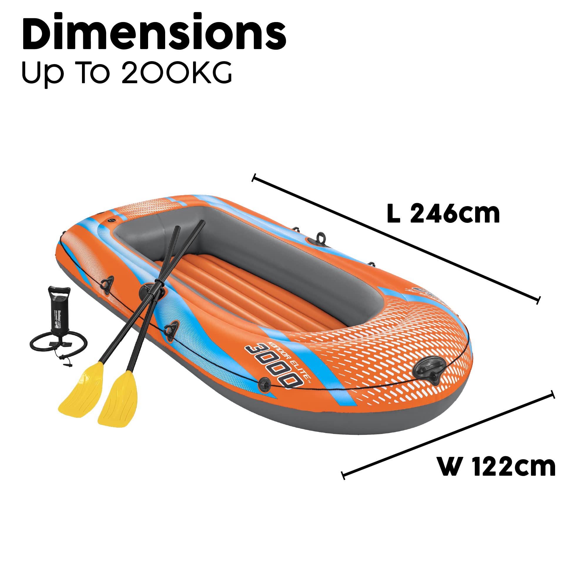 Bestway Kondor 3000 | 3 Seater Inflatable Boat Raft, Rubber Dinghy wuth Heavy Duty Handles for Family