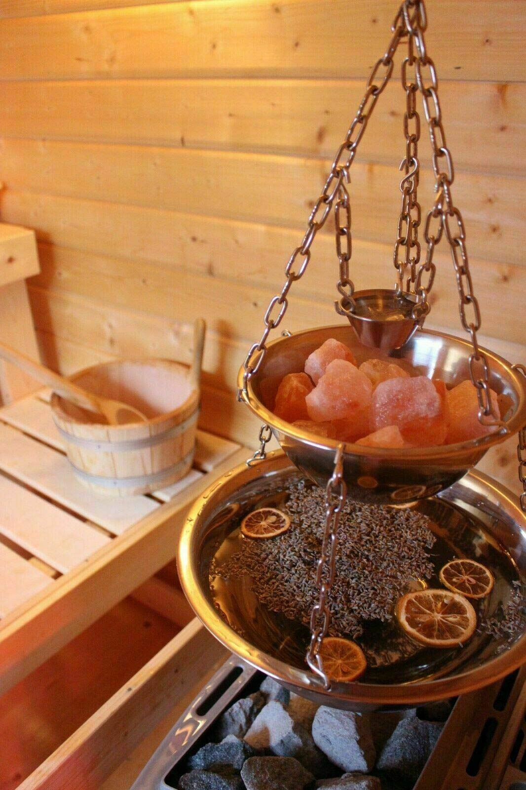 Sauna Zeremonie Deluxe: Verdampferschale Verdampfertopf Edelstahl Aufguss Maxi - 3 Schalen Hänger für Aufguss, Salzkristalle, Menthokristalle - Maxi Version, Muster: Mit Zubehör