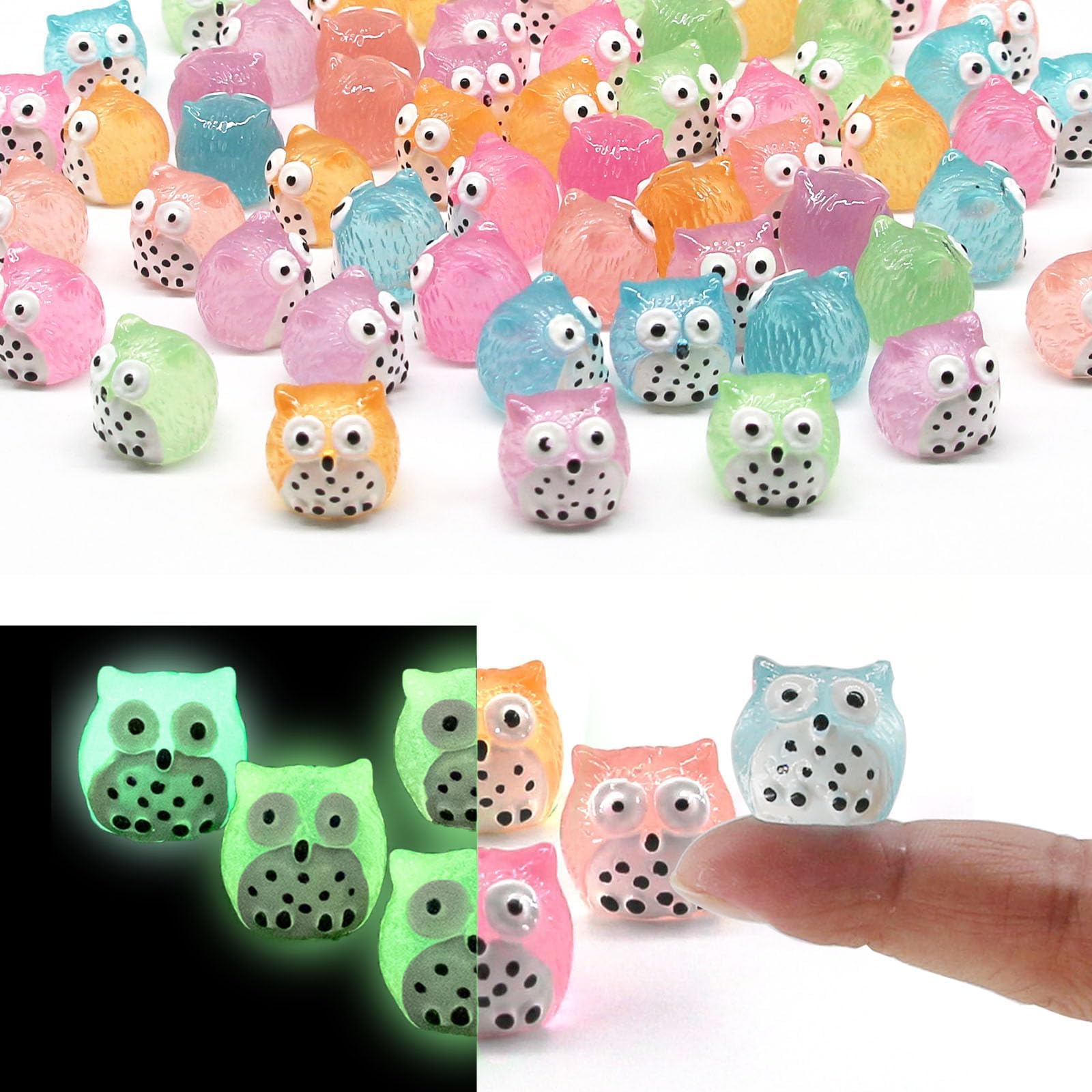PFUTURE Luminous Mini Resin Animals - 35 Pcs Tiny Glow-in-the-Dark Resin Owls for Garden Miniatures, Fairy Garden Accessories, Plant Decorations, and Car Decor