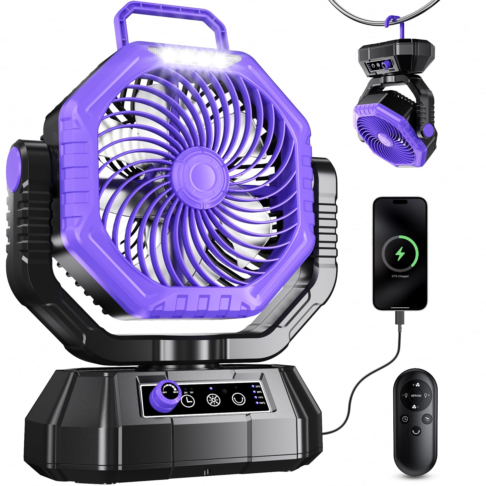 VTHW Camping Ventilator, 20000mAh Wiederaufladbarer Ventilator mit LED Licht & Haken, 270° Drehung, Stufenlose Geschwindigkeit, Timer-Modus, USB Tischventilator für Indoor Outdoor (Lila)