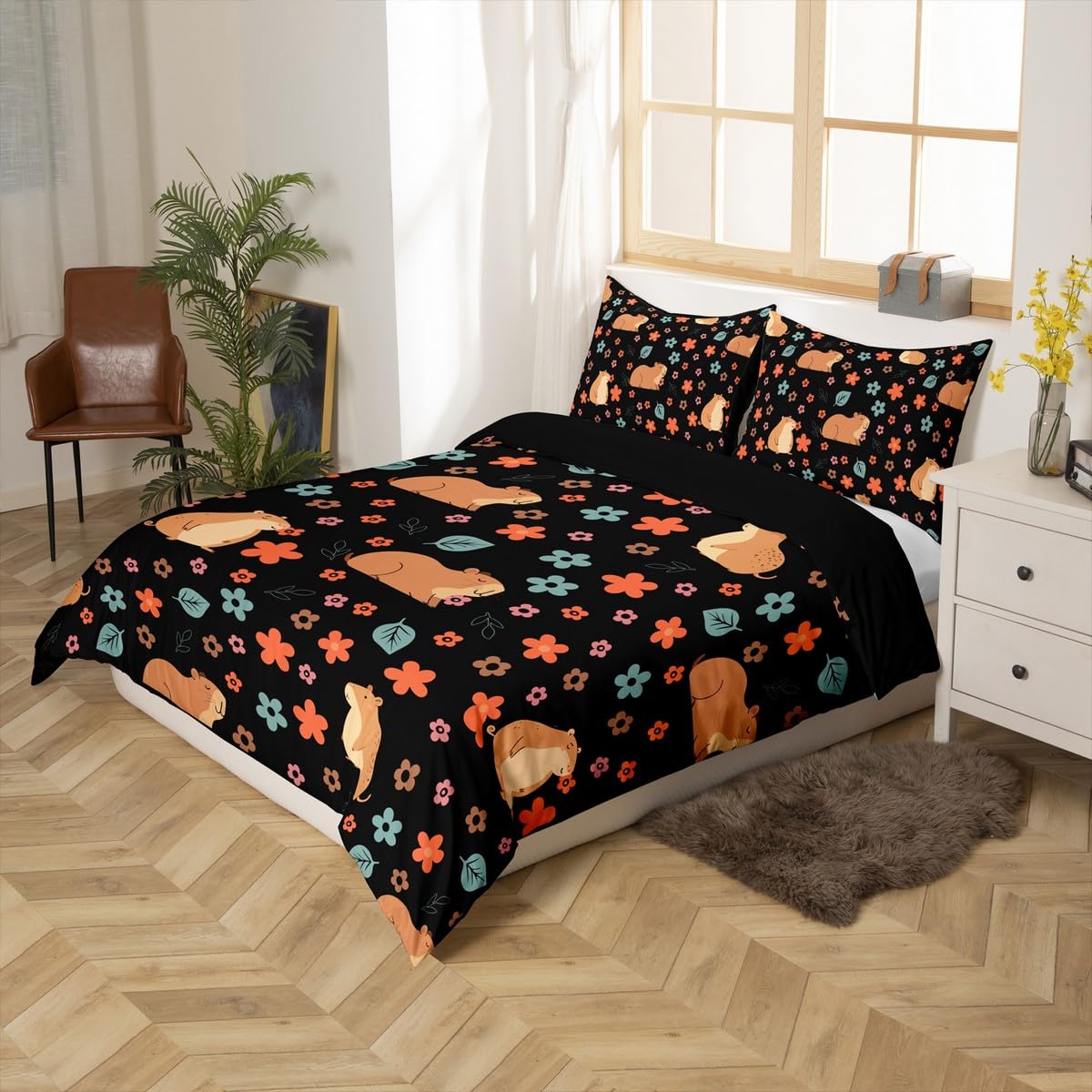 Cute Capybara Comforter Cover Capybara Duvet Cover Floral Capybara Kawaii Animal for Kids Boys Girls Comforter Cover Brown Capybara Bedspread Cover Room Decor Bedclothes Full Size (No Comforter)