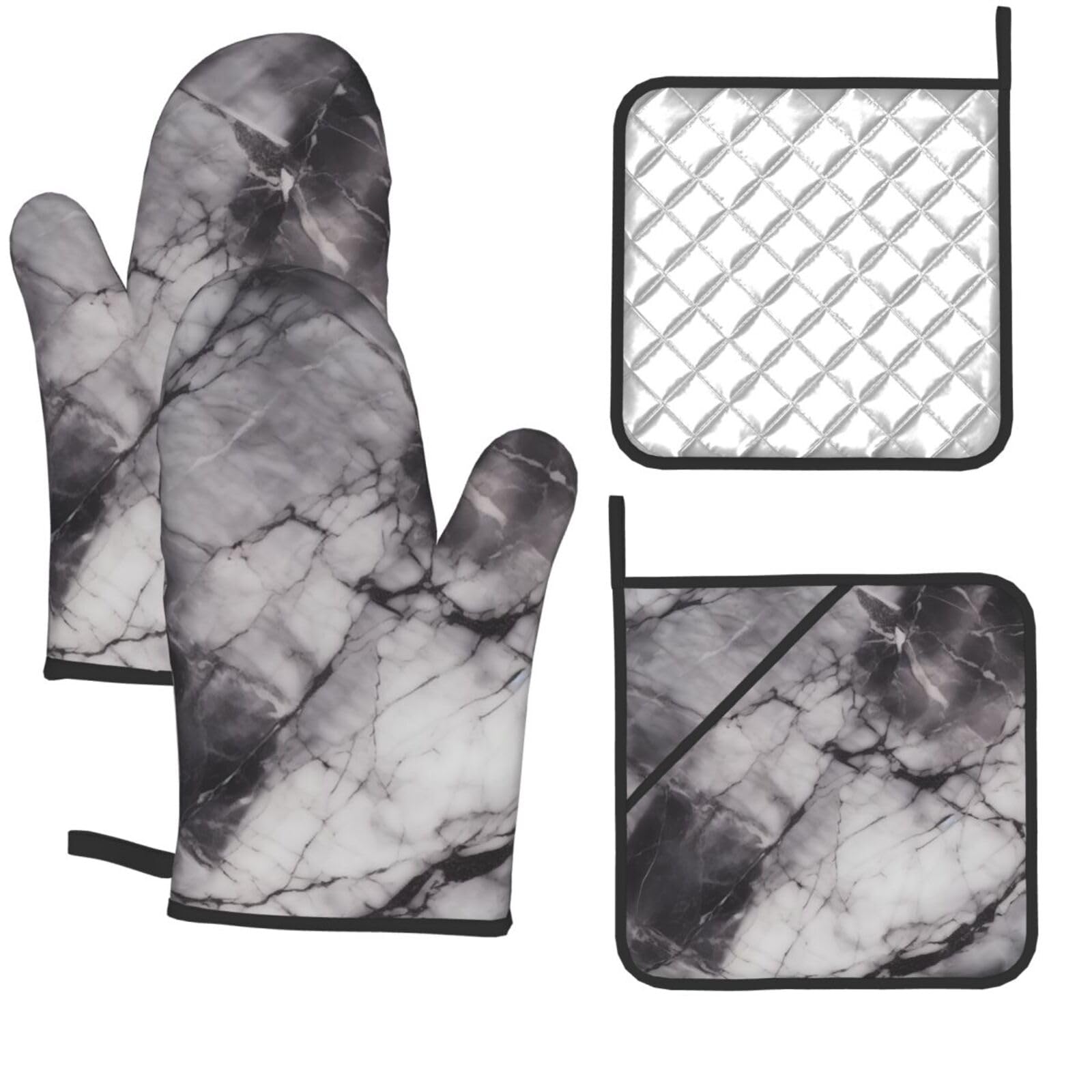 Light Black Marble Oven Mitts and Pot Holders 4-Piece Set, Extended Kitchen Gloves and Pan Racks, Heat Resistant Oven Gloves Hot Pads Non-Slip Cooking