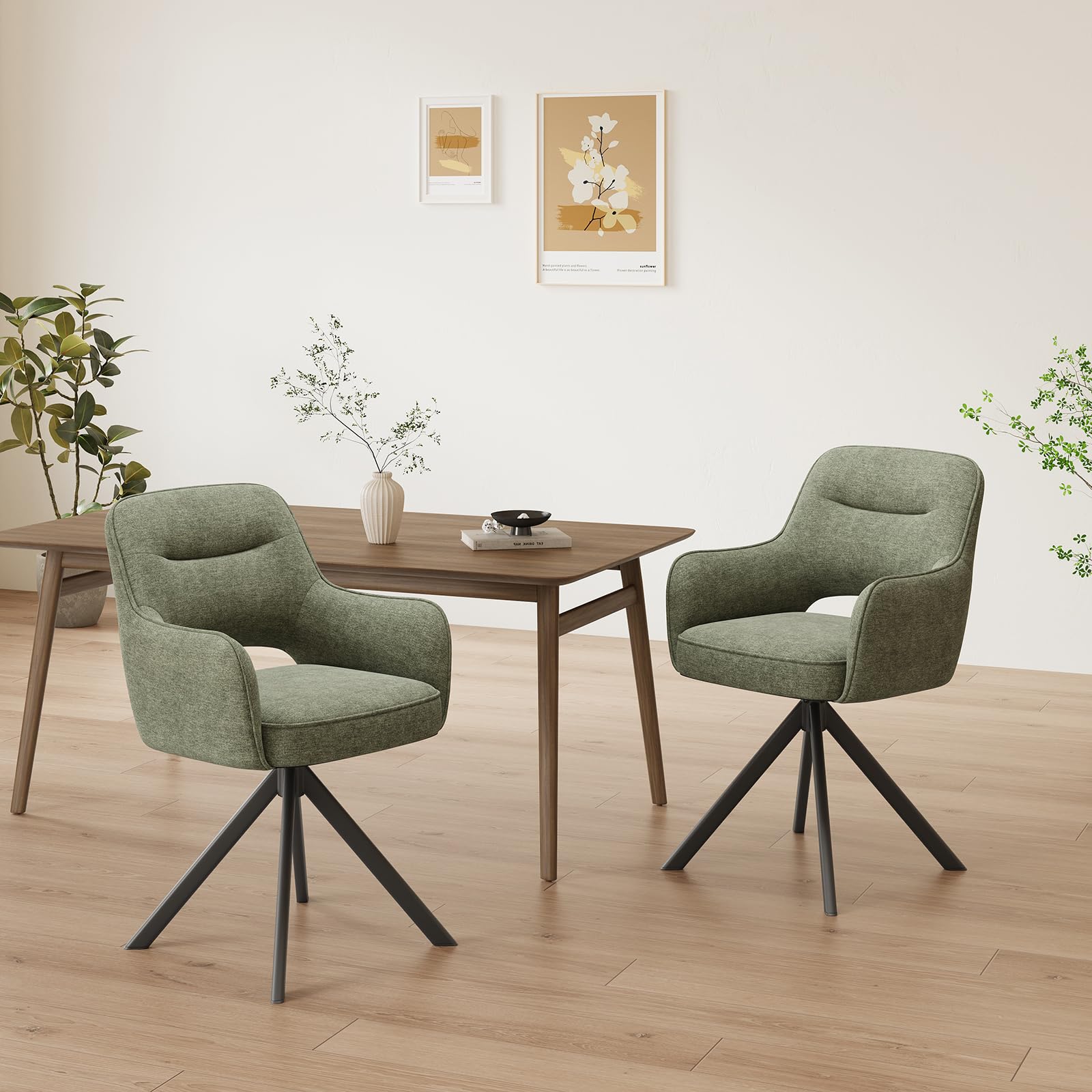 COLAMY 360°Swivel Dining Chairs Set of 2, Fabric Chairs for Dining Room with Armrests, Hollow Backrest and Thick Seat Cushion, Kitchen Chair with Anti-Slip Pads, armchairs for living Room, Green