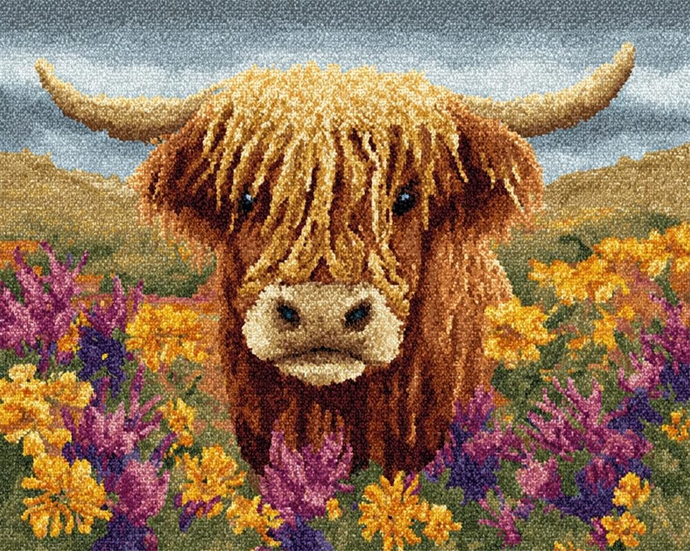 FWRTYCB Latch Hook Kits Rugs,Highland Cattle and Flower DIY Latch Hook Rug Making Kits for Beginners,20X15Inch Rug Making Kits with Printed, DIY Latch Hook Kits Carpet, Latch Hook Kits for Adults, E