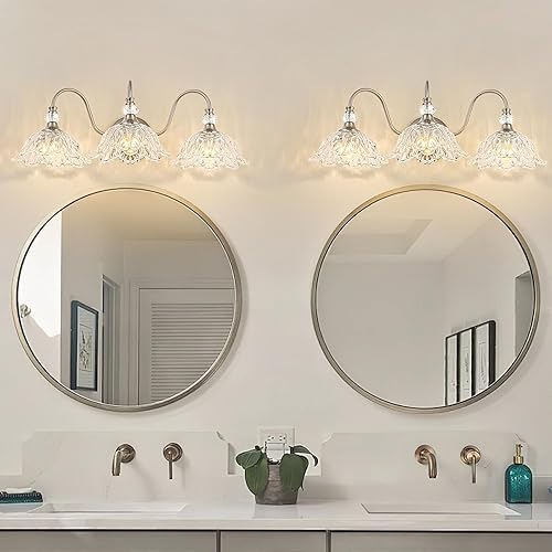 Miniatura 7 de Lámpara de tocador de baño de 3 luces de níquel cepillado con pantallas de vidrio transparente floral, iluminación de montaje en pared de níquel