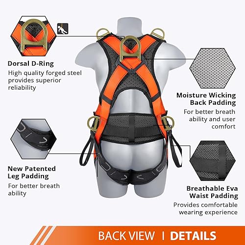 Miniatura 3 de Arnés de seguridad para protección contra caídas, mejora de 4 hebillas rápidas, arnés de cuerpo completo con 6 anillos en D de ajuste, color naranja
