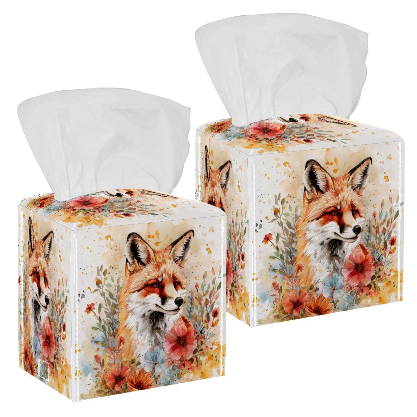 Watercolor Fox Flowers Tissue Box Cover, 2 Pack PU Leather Square Facial Tissue Dispenser Box holder for Home Office Car