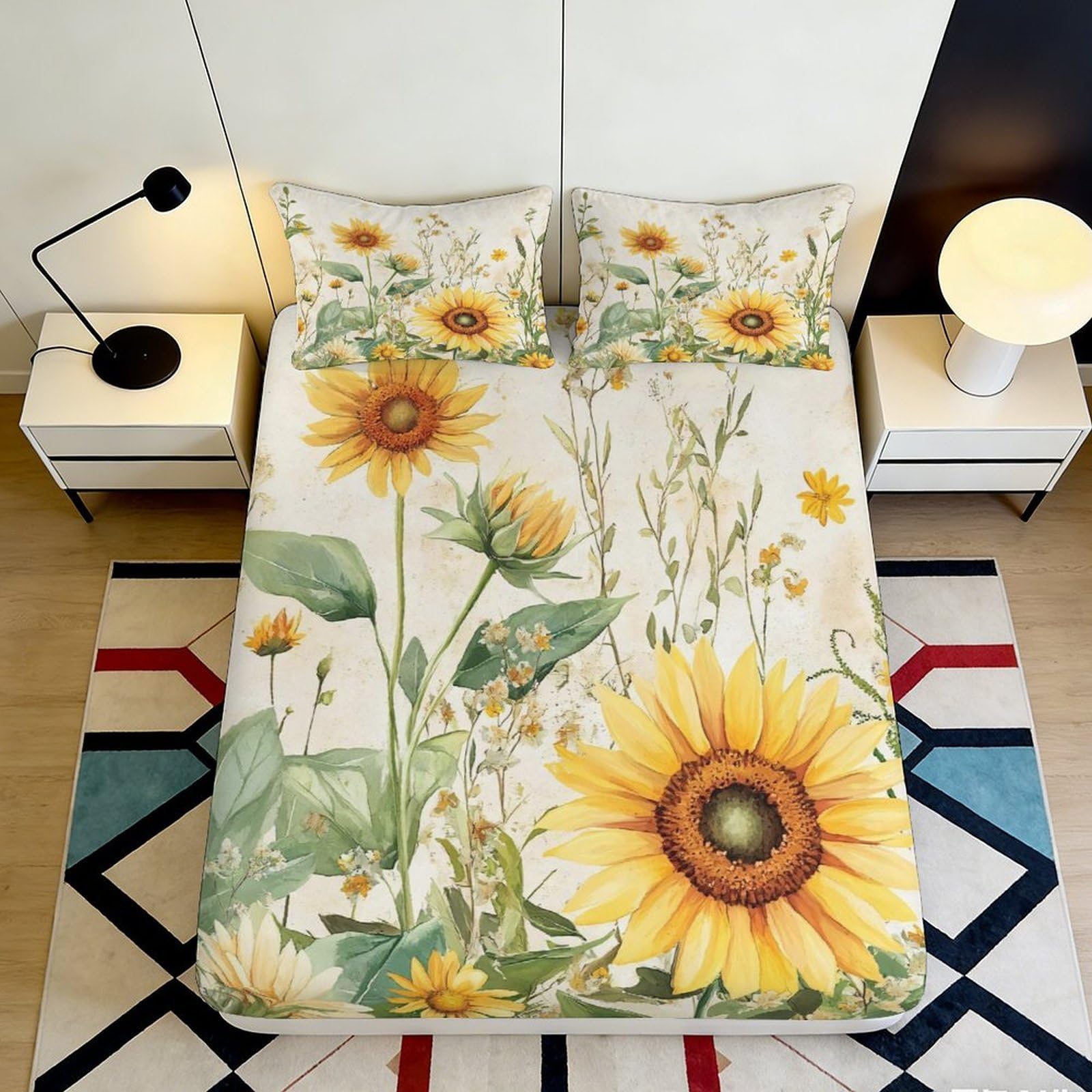 3D Printed Sunflower Bloom Fitted Sheet Microfiber Soft Non-Slip Mattress Cover for Bedroom Guest Dorm Decor 200x200x25cm