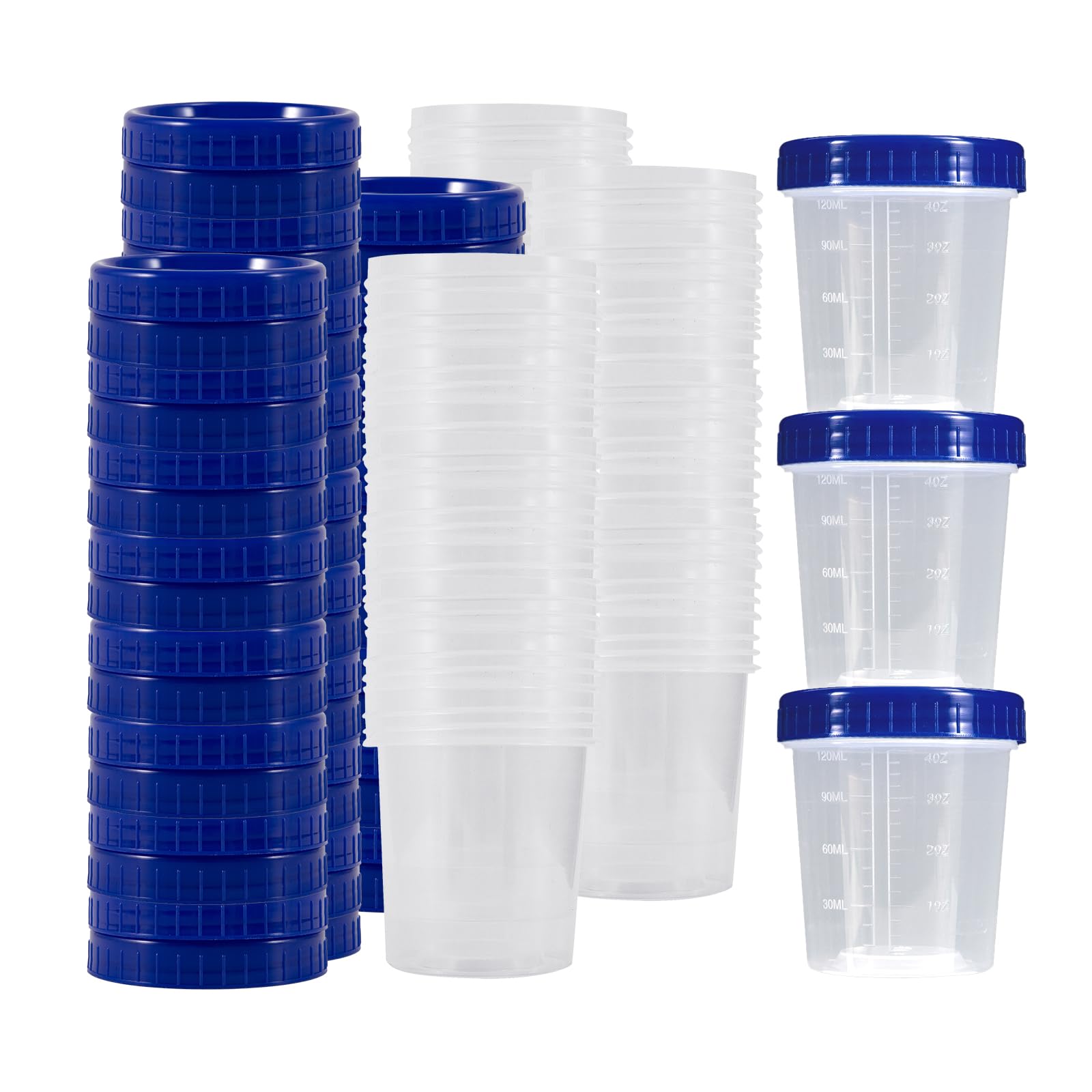 100 Stück Urinbecher mit Schraubdeckel 120ml - Auslaufsicherer Probenbecher mit Skala, Transparenter Probenbehälter für Urinproben, Labor & als Farbmischbecher (Blau)