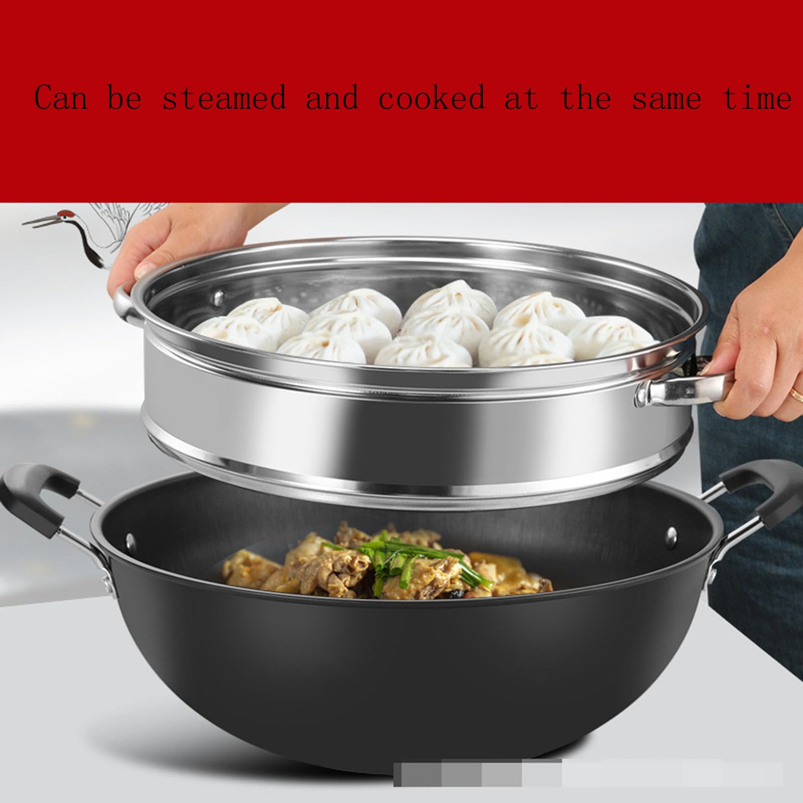 Iron Wok, Tradizionali Wok di Grandi Dimensioni Non Rivestiti E Padelle Fritte Senza Sosta con Piroscafo, Pentole dello Chef ， Cottura Wok per Tutti I Corsi di Coda(Size:38CM)