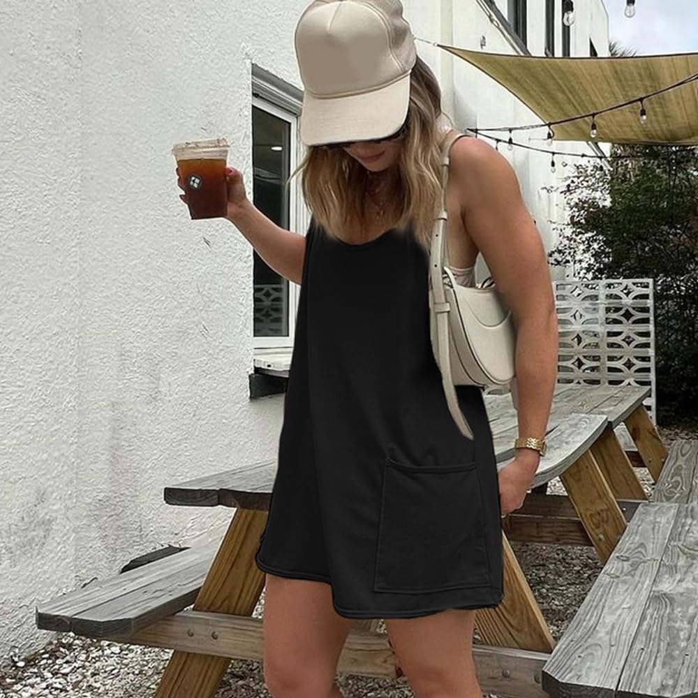 Vestito Senza Maniche Donna Elegante Abito Cerimonia Scollo a V Vestiti Eleganti Corto Estivo Abito da Cocktail Casual Vestito con Tasche Mini Abito da Sera Festa