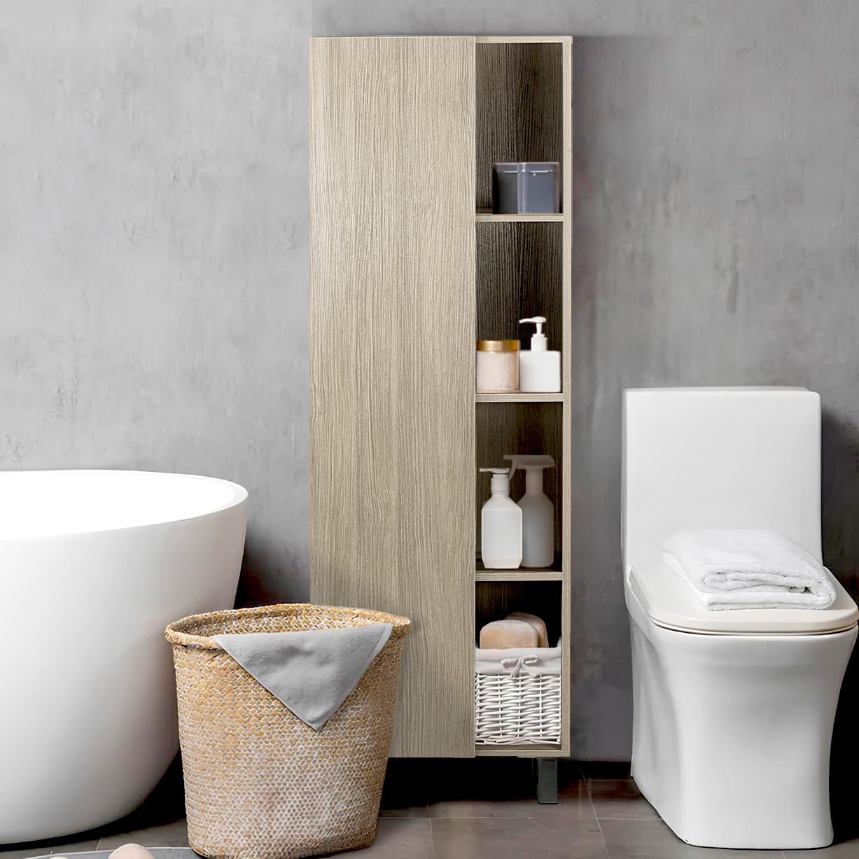 Brigros WeHome - Mobile Colonna 50x140x24 cm, 1 Anta e 4 Vani in Legno, Mobiletto da Assemblare- Bagno