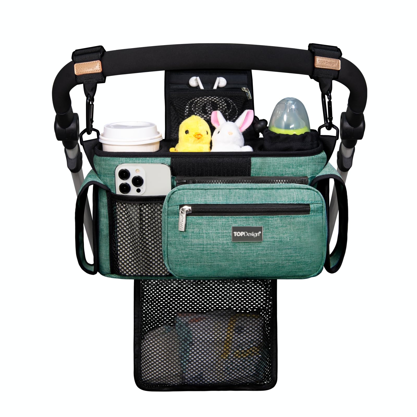 TOPDesign Universal Baby Stroller Organizer, Stroller Caddy with Detachable Mesh Bag & Heightened Insulated Cup Holders & Non-Slip Secure Hooks