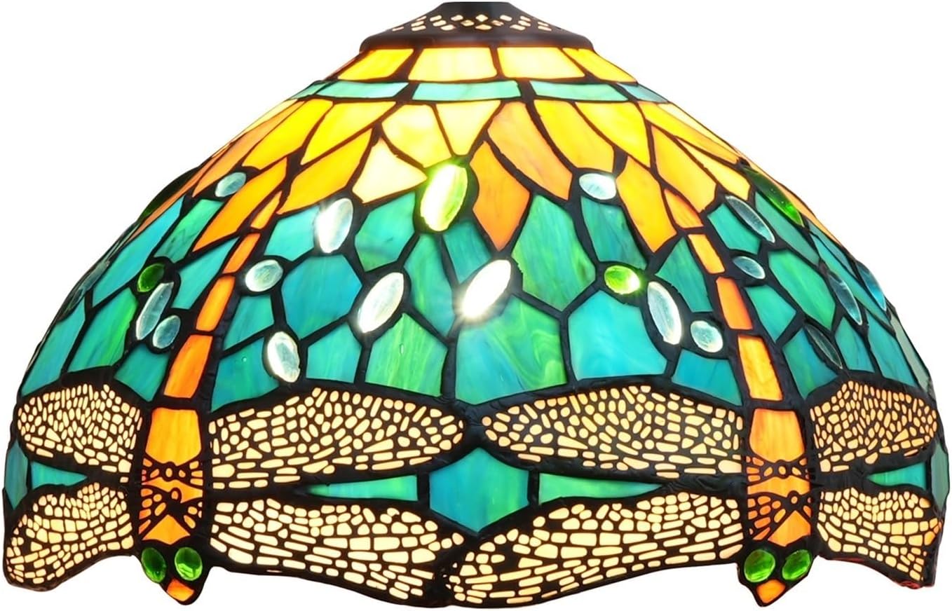 Tiffany Style Lamp Shade 12 Inch Stained Glass Lampshade Replacement Green Yellow Dragonfly Ceiling Light Shade for Table Lamps Pendant Light Floor Lamp Handcrafted Vintage Home Deco