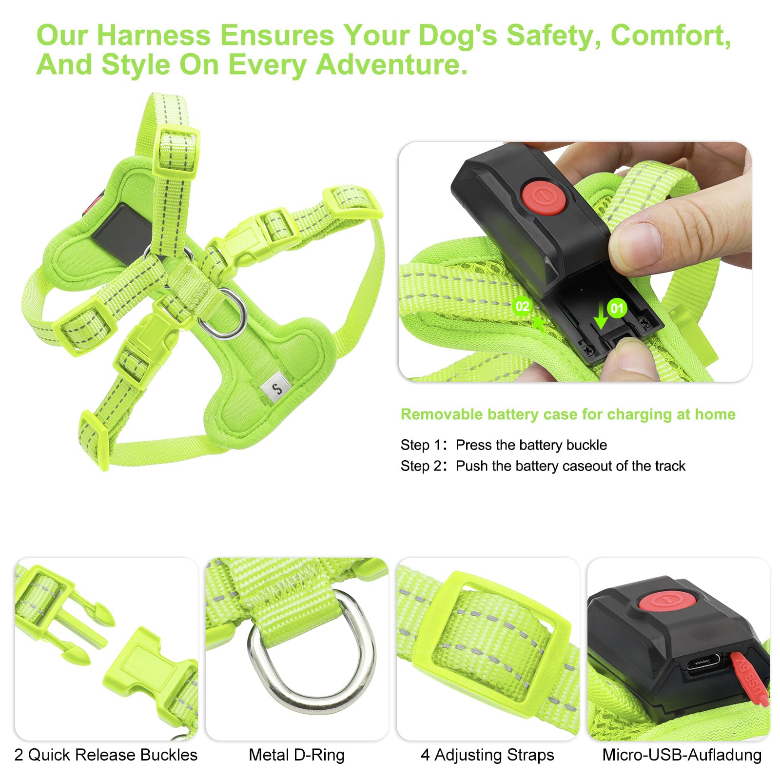 Arnés iluminado para perros pequeños recargable, arnés de chaleco LED para perro, arnés ajustable iluminado que brilla en la oscuridad, para cachorros, seguridad nocturna, caminar,