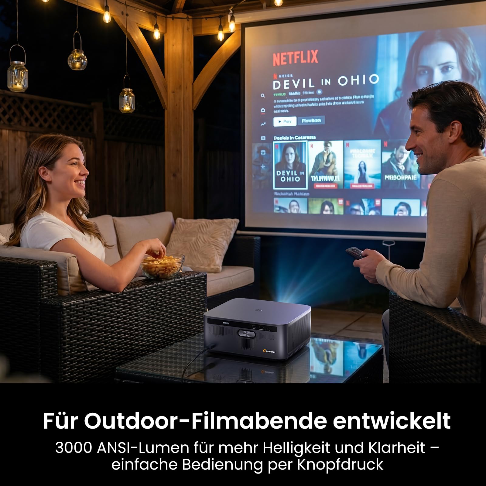 HAPPRUN Smart Beamer mit 3000 ANSI Lumen, Offiziellem Google TV, 4K-Unterstützung, Dolby Audio, Autofokus und Auto-Keystone, WiFi 6 und Bluetooth, für Zuhause und Outdoor, Schwarz
