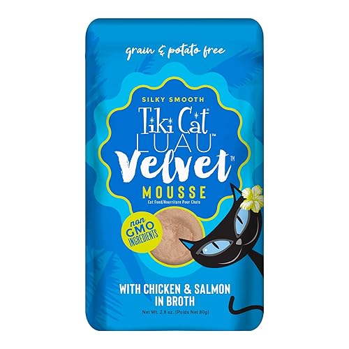 Tiki Cat Luau Velvet Mousse, Chicken & Salmon in Broth, Complete Nutrition for Balanced Diet, Wet Cat Food For All Life Stages, 2.8 oz. Pouch (Pack of 12) - Chicken & Salmon in broth