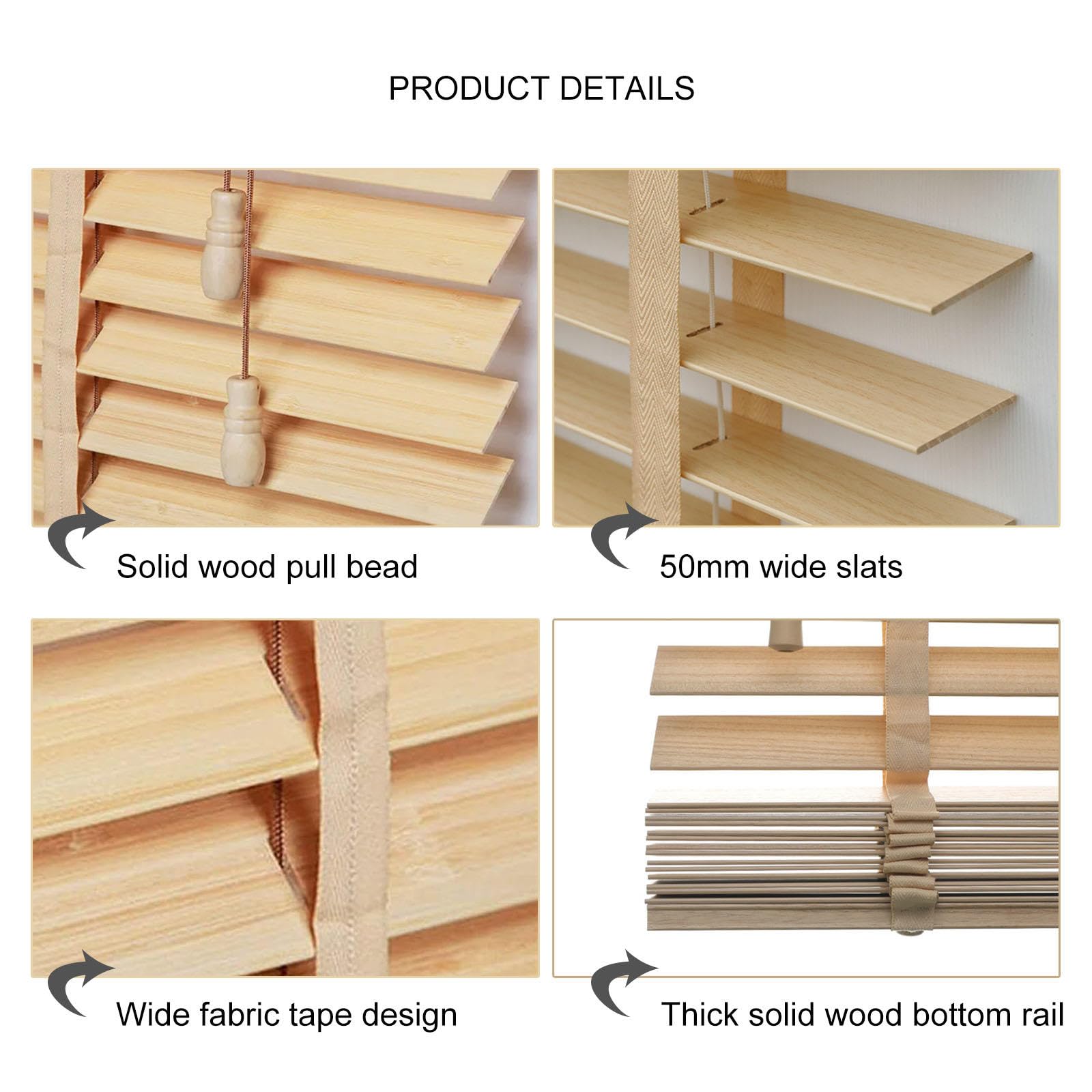 Jolan Veneziane Orizzontali,Tende Veneziane in Vero Legno,Tenda Veneziana Oscuranti e Termoisolanti,Persiane per Il Trattamento delle Finestre,Lamelle da 50mm,Personalizzabili,W×H-50×120cm(20 * 47in)
