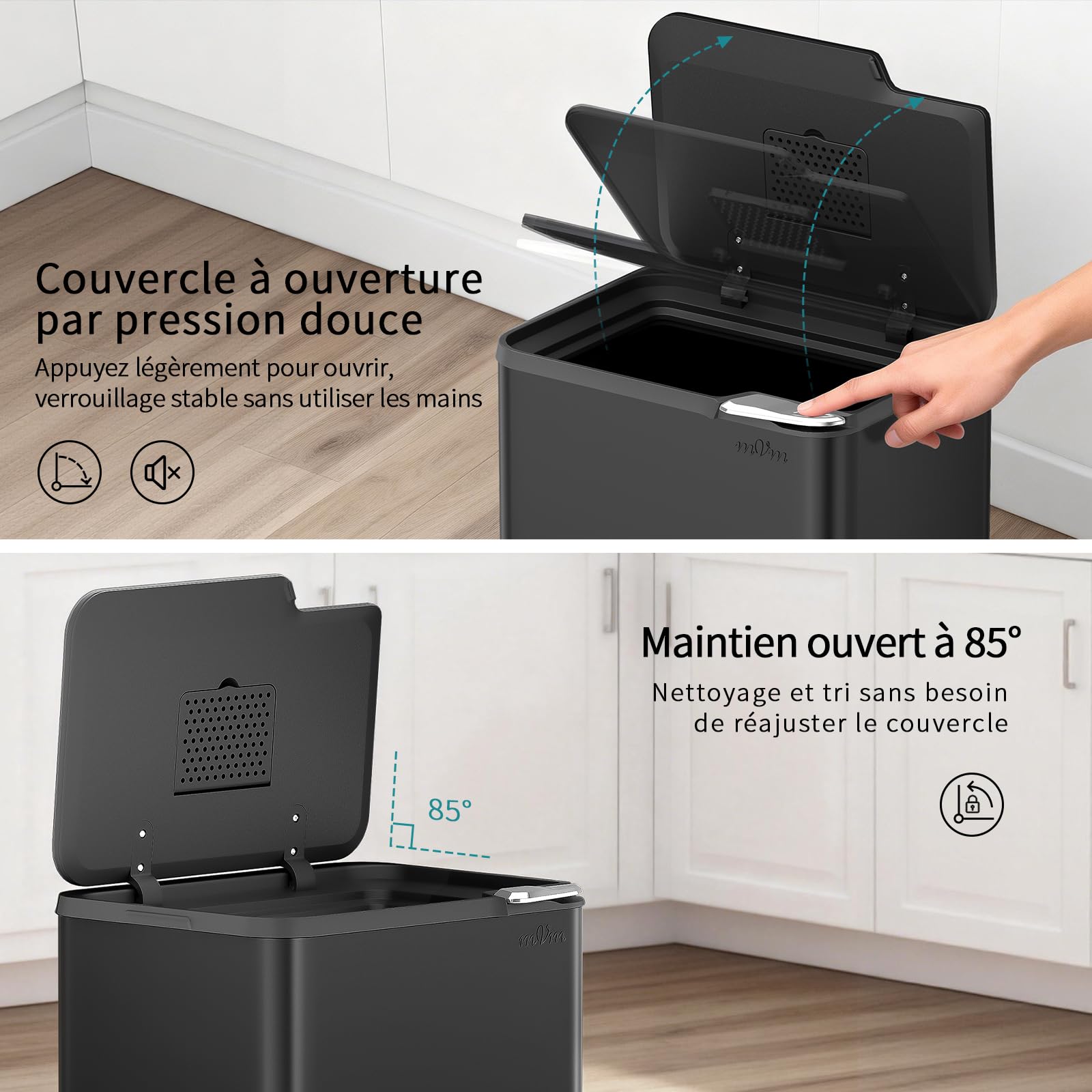 mVm Poubelle de Cuisine, Bureau 80L, avec Couvercle et Filtre Déodorant, Fermeture Douce et Maintien en Ouverture, en acier inoxydable, forme Rectangulaire, Support Détachable