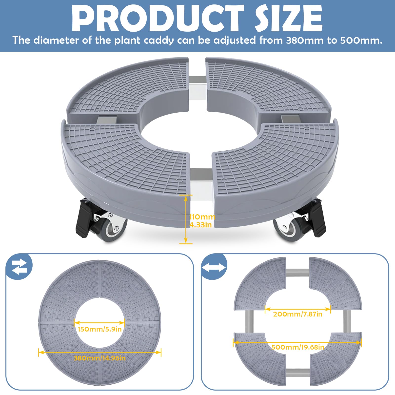 Raxfekro Soporte rodante para plantas ajustable de 38 a 50 cm, plataforma rodante para plantas con capacidad de carga de 200 kg, base para macetas con ruedas y freno, adecuado para macetas, aires