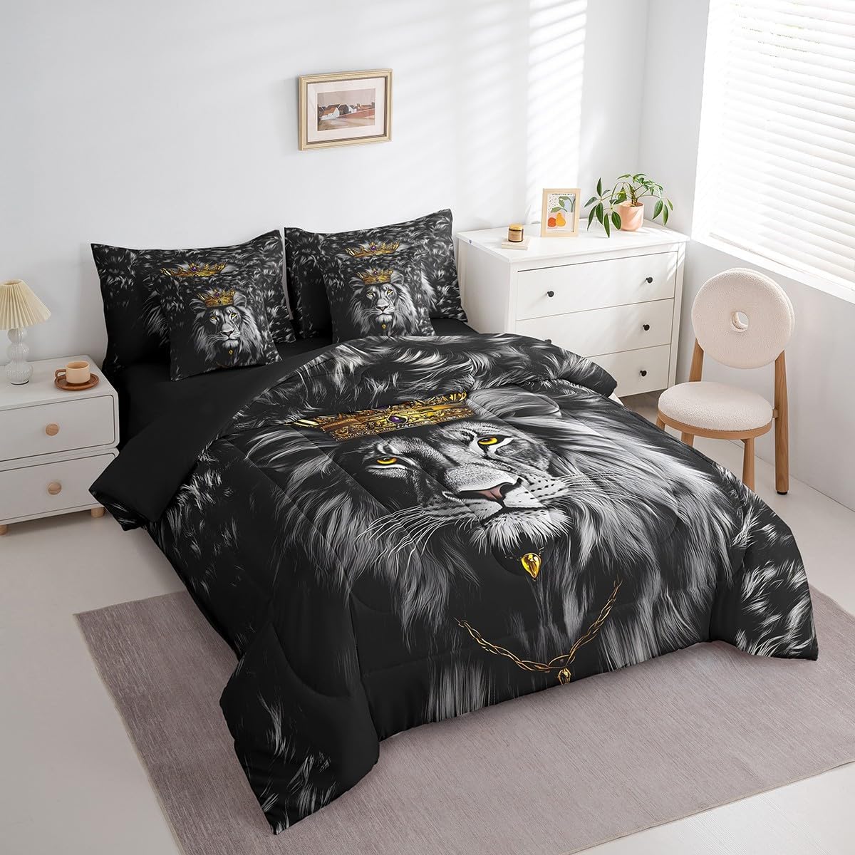Feelyou Black Lion Comforter Set 7 Pieces King Size Safari Print Bedding Set for Kids Animals Fur Print Bed in a Bag,Comforter & Sheets & Pillowcases & Cushion Covers（No Real Fur）