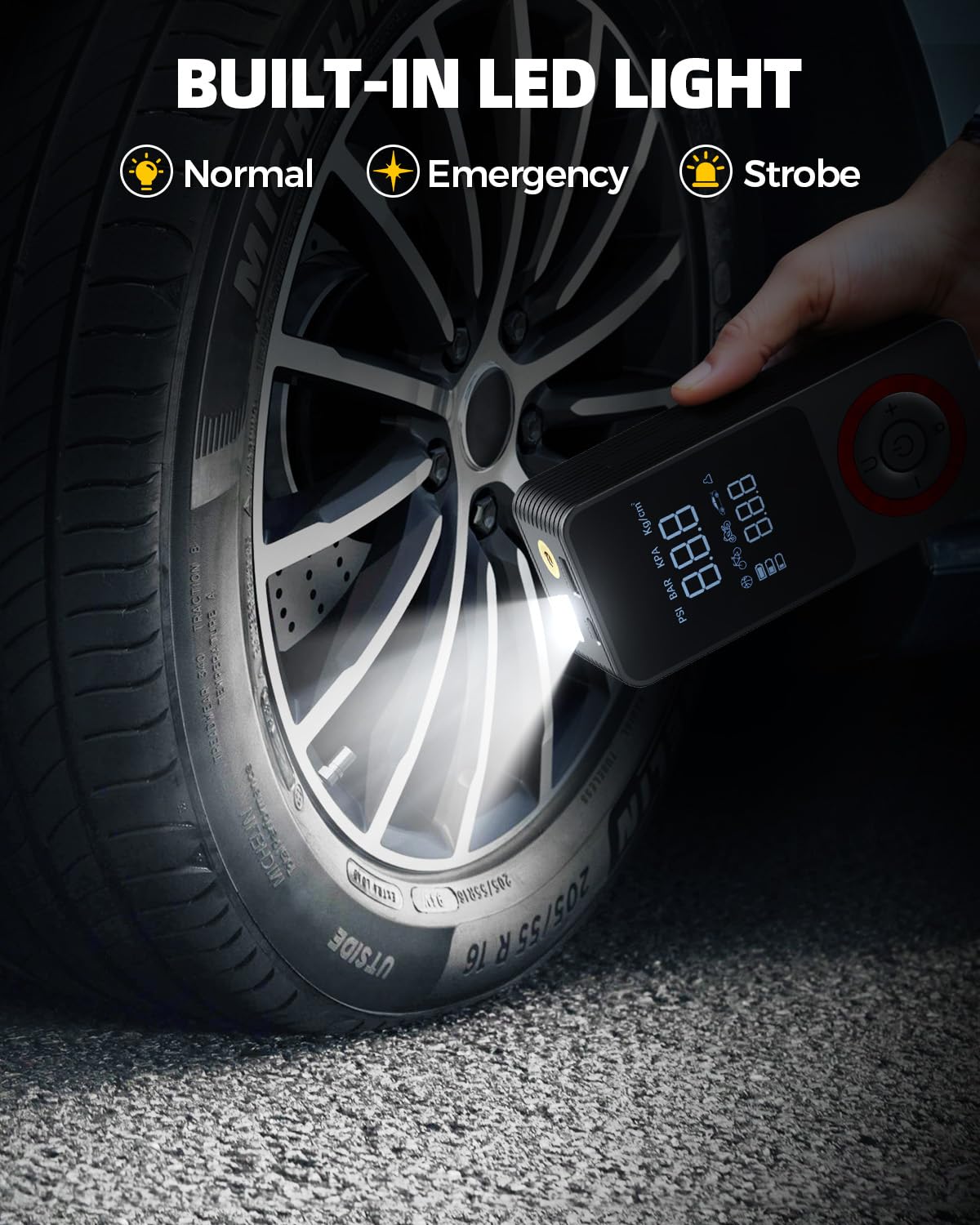 Inflador de neumáticos, compresor de aire portátil, bomba de aire inteligente para neumáticos de coche con 3 modos de luz, medidor de presión digital, adaptador de corriente de coche de 12 V, caja de